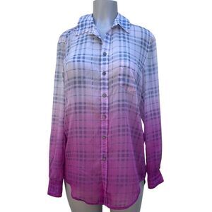 Two By Vince Camuto Shirt Blouse Womens S/M Pink Purple Plaid Ombre Button Front